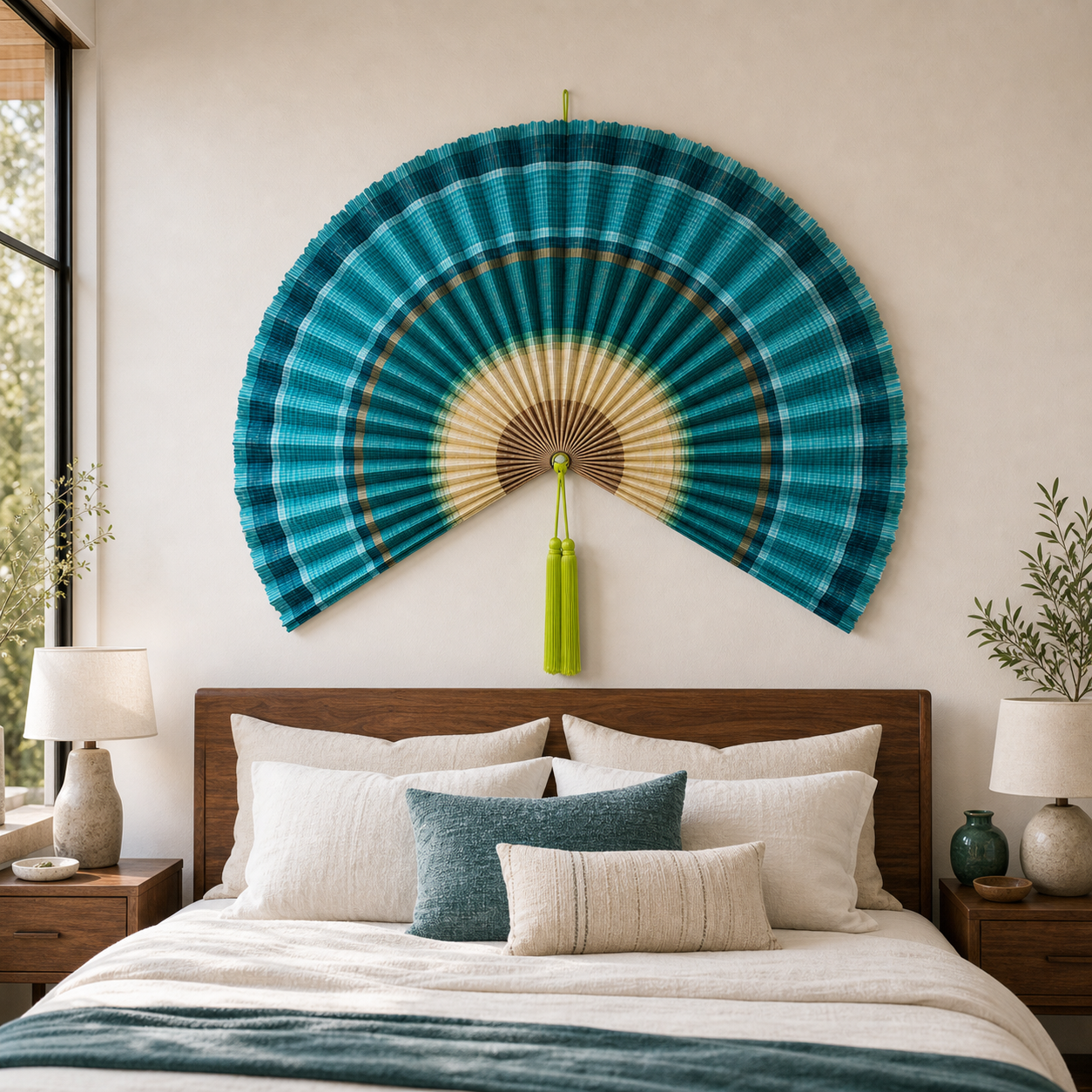 Teal Bamboo Wall Fan Decor, 57in/146cm