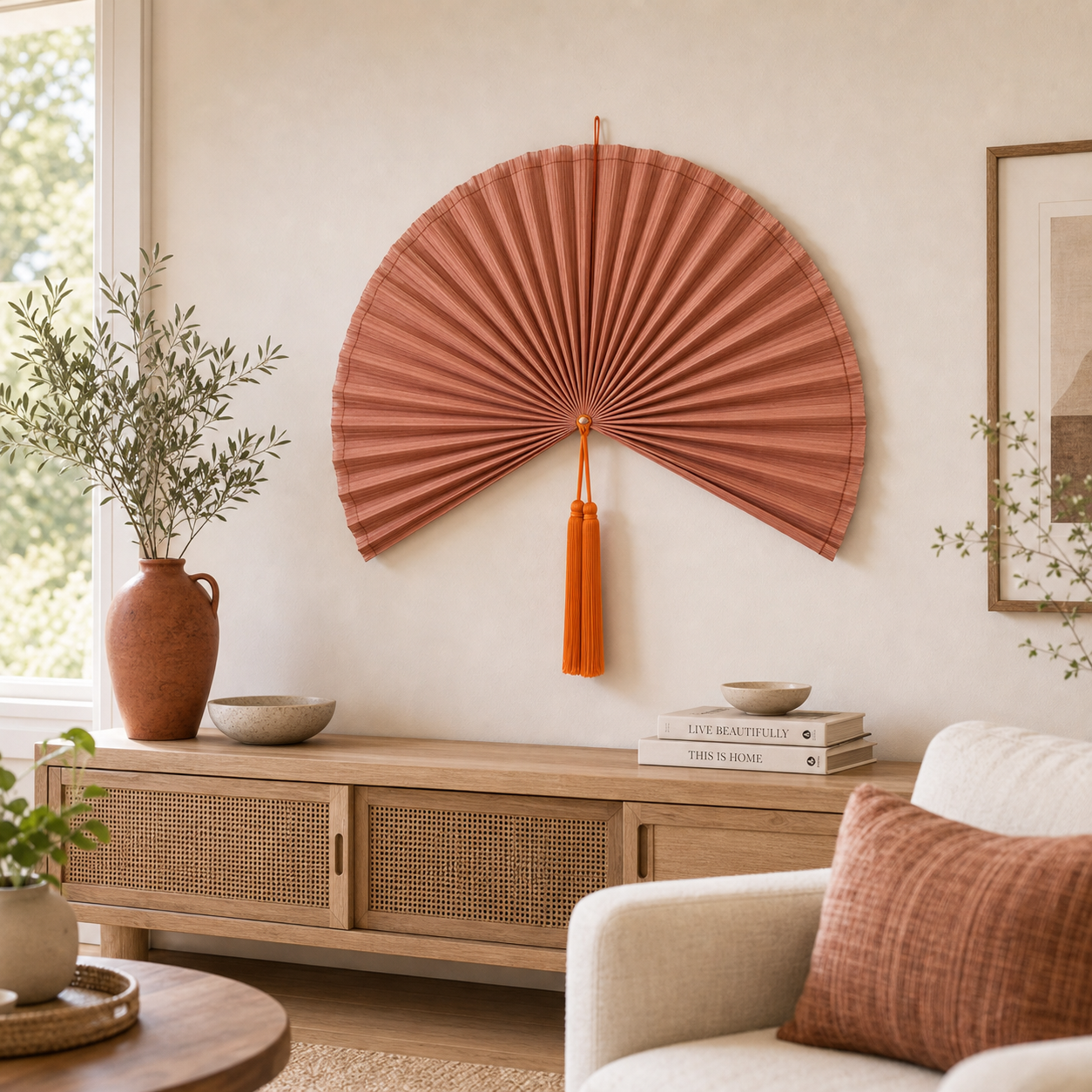 Terracotta Bamboo Wall Fan Decor, 40in/100cm