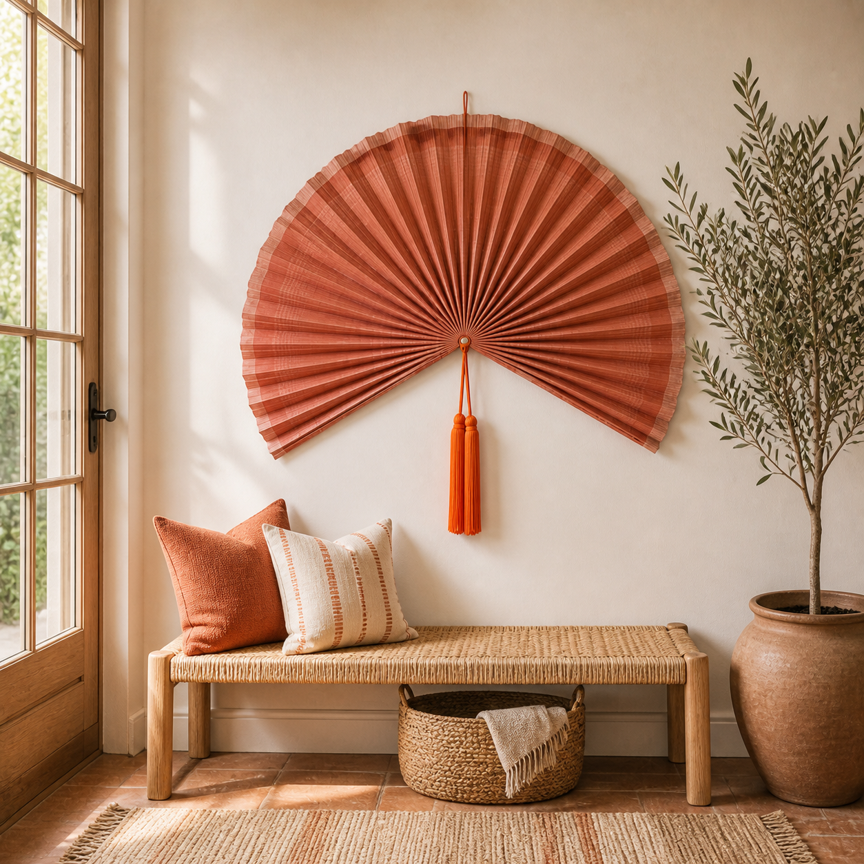 Terracotta Bamboo Wall Fan Decor, 40in/100cm
