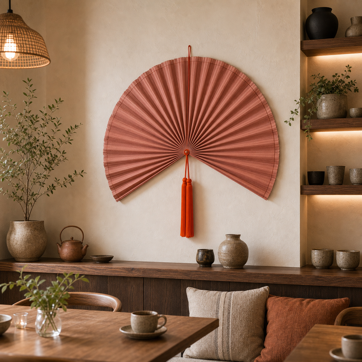 Terracotta Bamboo Wall Fan Decor, 40in/100cm