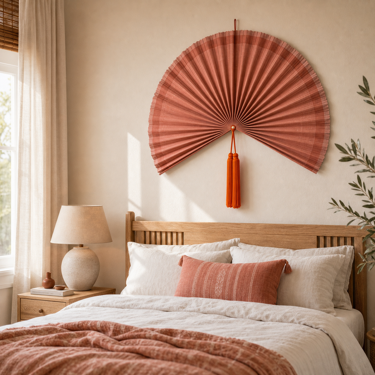 Terracotta Bamboo Wall Fan Decor, 40in/100cm
