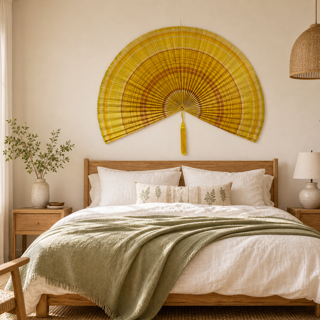 Oversized yellow bamboo wall fan decor with pleated texture, shown open with width and height dimensions.