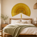 Oversized yellow bamboo wall fan decor with pleated texture, shown open with width and height dimensions.