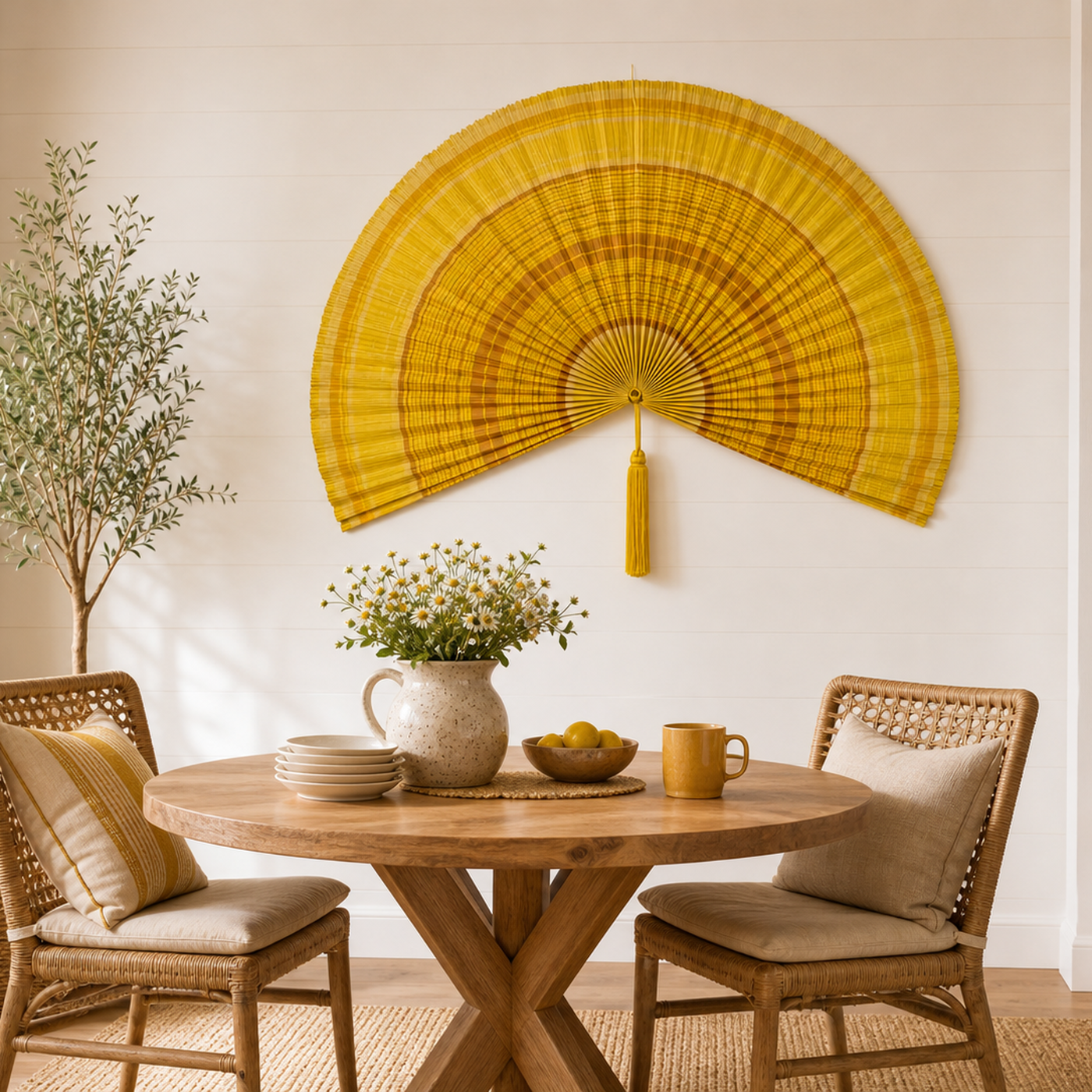 Oversized yellow bamboo wall fan decor with pleated texture, shown open with width and height dimensions.