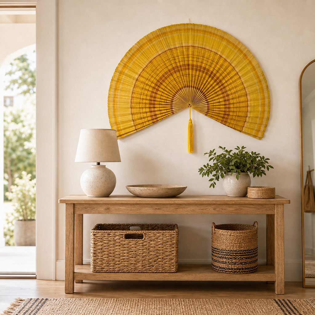 Oversized yellow bamboo wall fan decor with pleated texture, shown open with width and height dimensions.