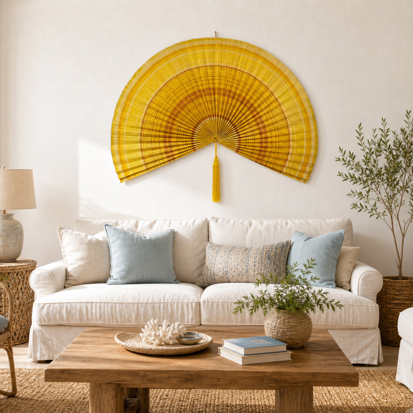 Oversized yellow bamboo wall fan decor with pleated texture, shown open with width and height dimensions.