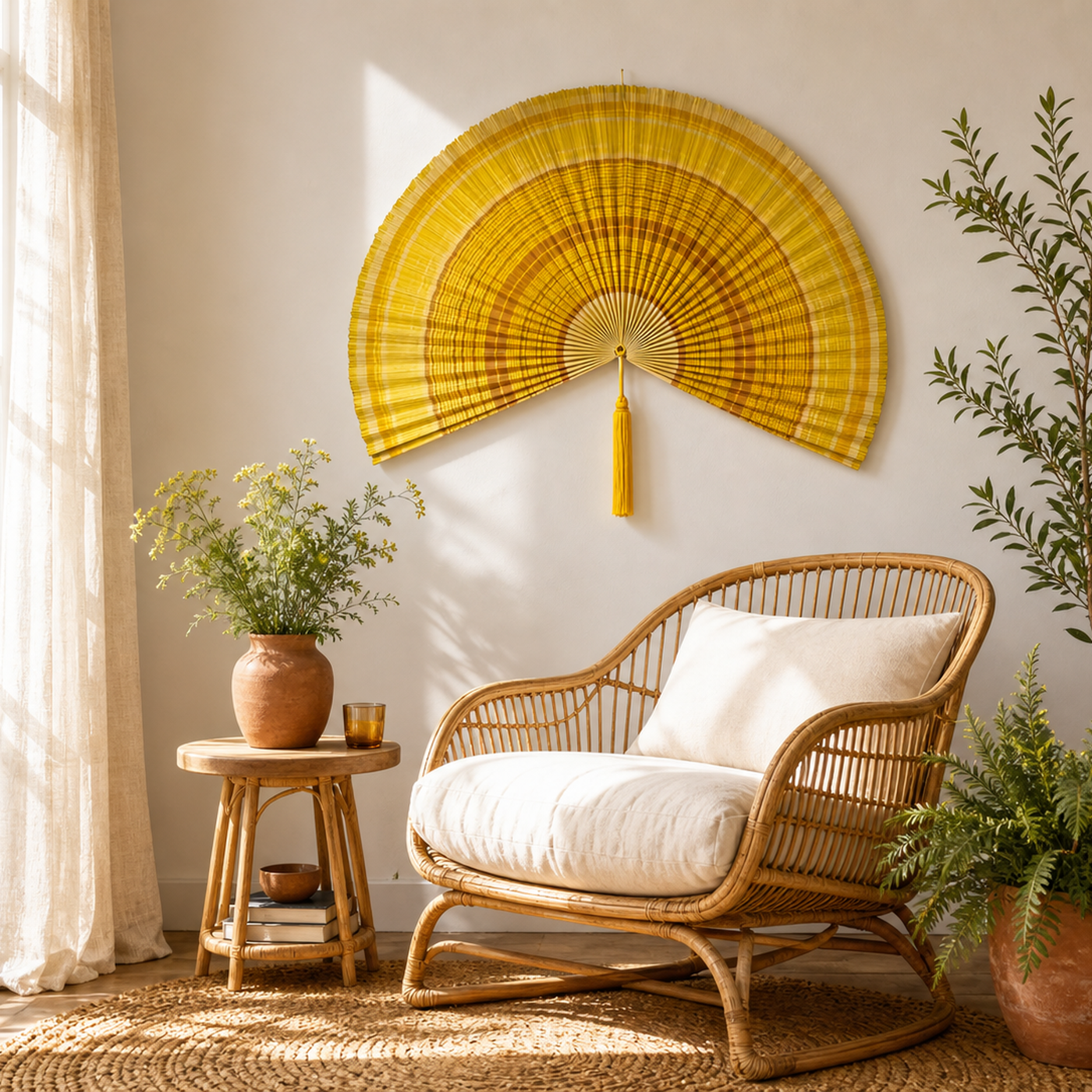Oversized yellow bamboo wall fan decor with pleated texture, shown open with width and height dimensions.