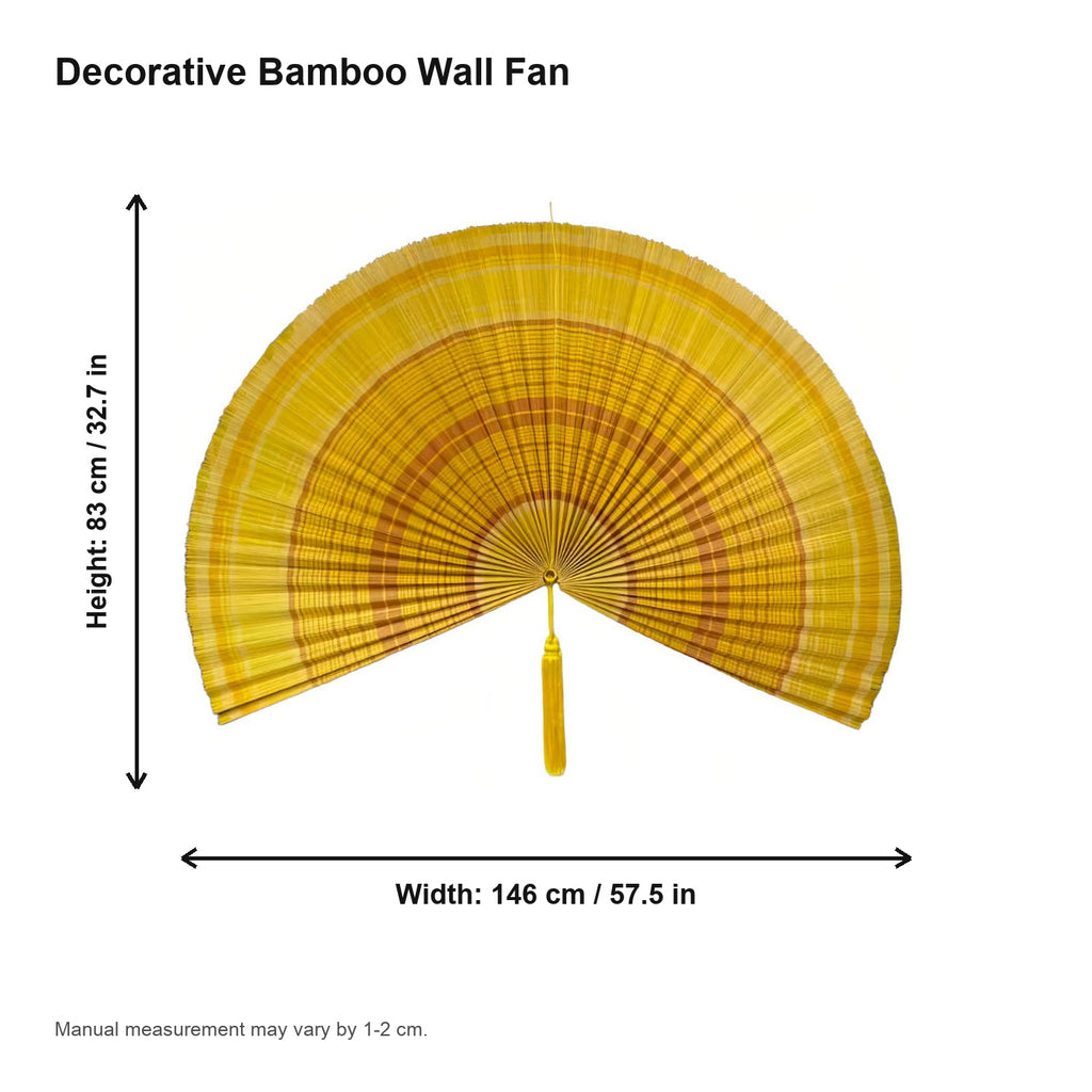 Oversized yellow bamboo wall fan decor with pleated texture, shown open with width and height dimensions.