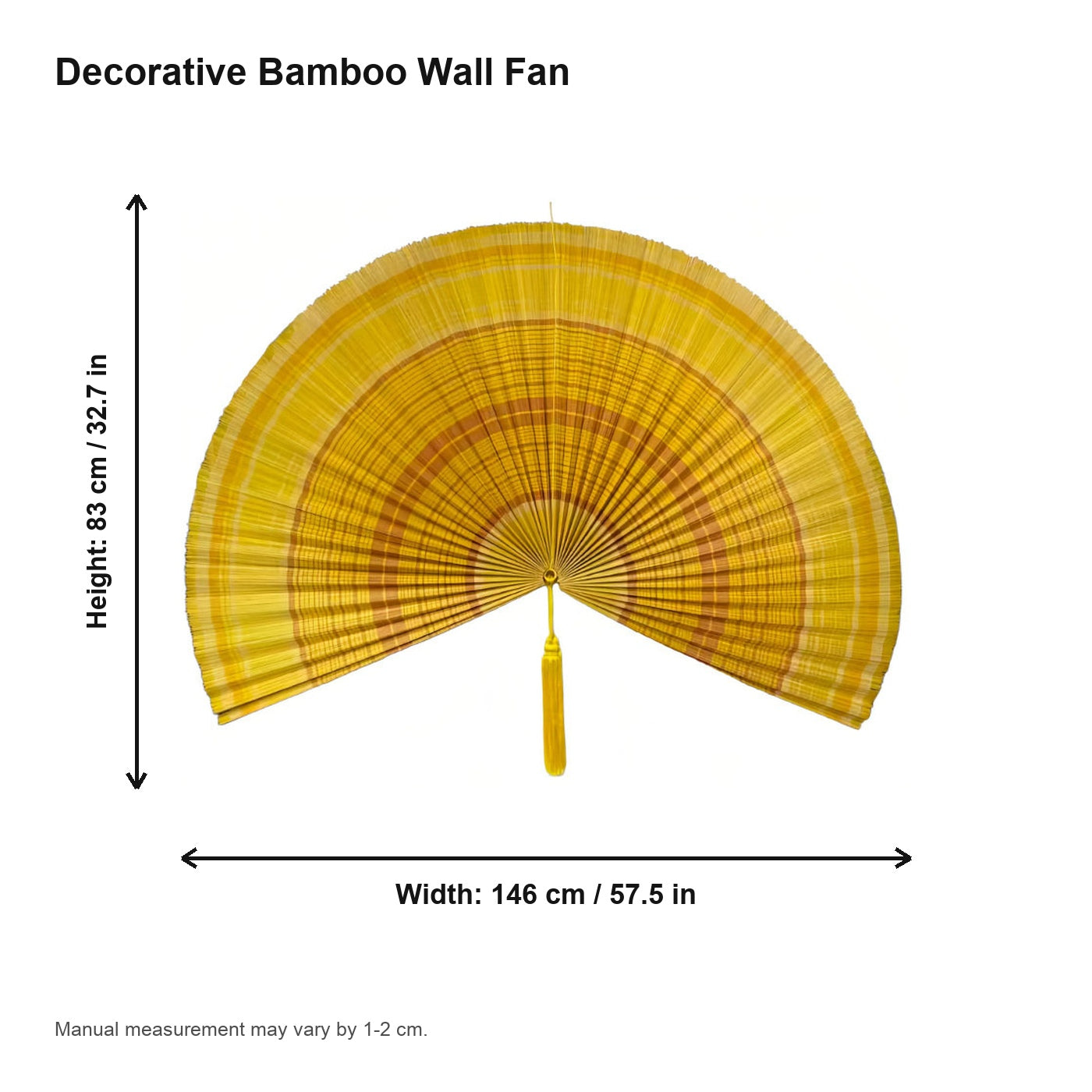 Oversized yellow bamboo wall fan decor with pleated texture, shown open with width and height dimensions.